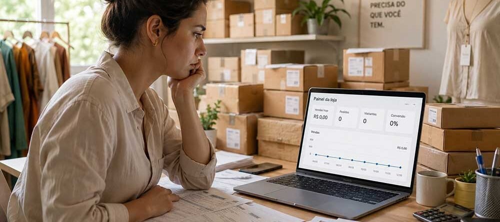 Dona de loja virtual observa painel de e-commerce sem vendas, com caixas de pedidos e contas sobre a mesa