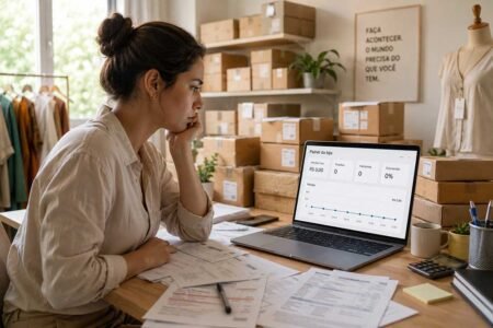 Dona de loja virtual observa painel de e-commerce sem vendas, com caixas de pedidos e contas sobre a mesa