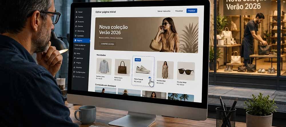 Profissional atualizando a homepage de um e-commerce enquanto a vitrine da loja física também é renovada