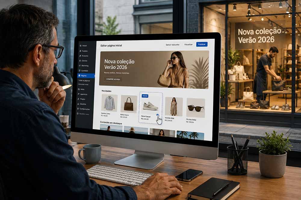 Profissional atualizando a homepage de um e-commerce enquanto a vitrine da loja física também é renovada