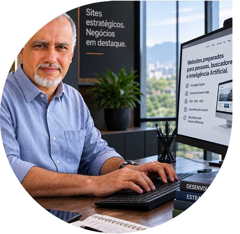 Mauro Queiroz — experiência em comunicação, tecnologia e desenvolvimento web Mauro Queiroz, fundador da UNOPress, em ambiente de trabalho com foco em desenvolvimento web, SEO, AEO e GEO