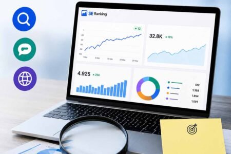 Painel do SE Ranking com métricas e gráficos para análise de dados de SEO, AEO e GEO